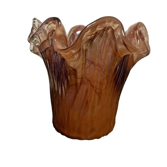Beautiful Hand Blown Murano Style Art Glass Vase Brown Swirl Design - Picture 1 of 12